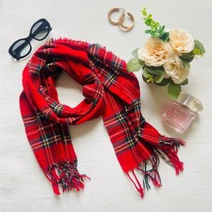 Vibrant Red and Black Tartan Scarf with Fringe